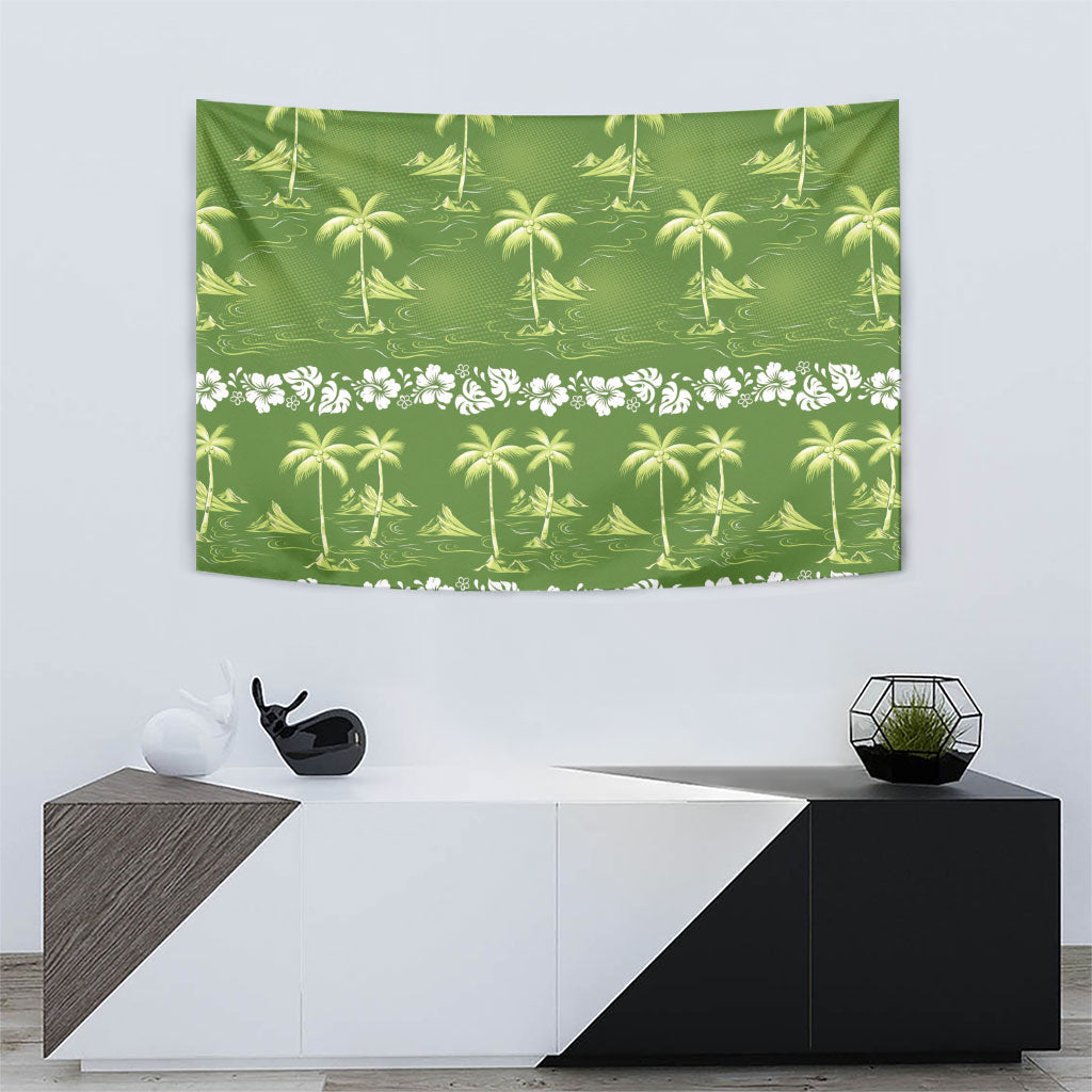 Olive Green Hawaii Palm Tree Hibiscus Tapestry Fantasy Summer Vibe
