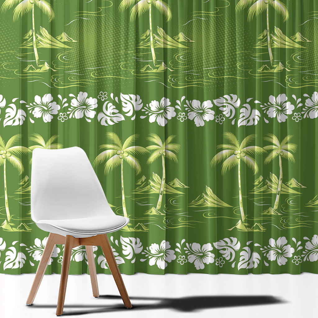 Olive Green Hawaii Palm Tree Hibiscus Window Curtain Fantasy Summer Vibe