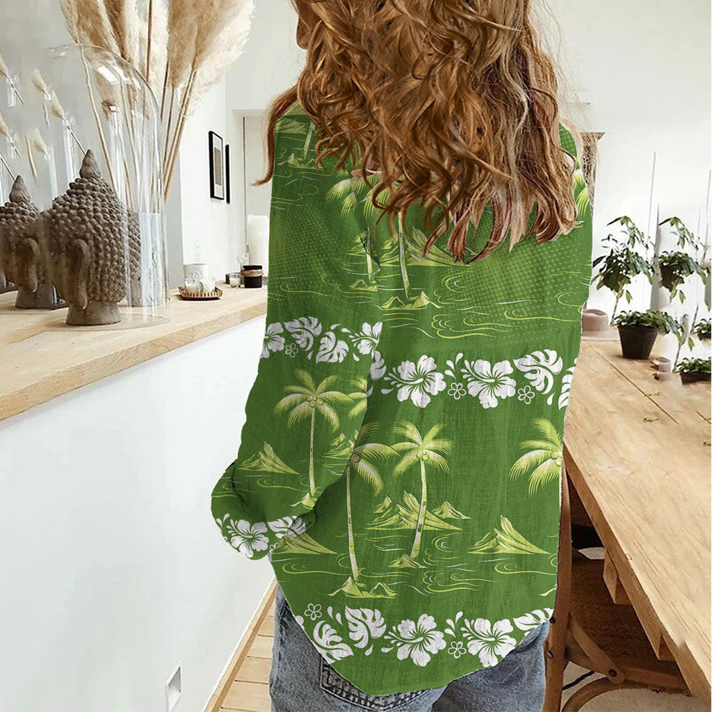 Olive Green Hawaii Palm Tree Hibiscus Women Casual Shirt Fantasy Summer Vibe LT01 - Polynesian Pride