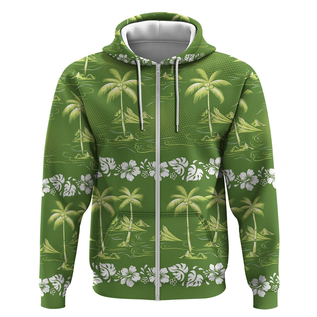 Olive Green Hawaii Palm Tree Hibiscus Zip Hoodie Fantasy Summer Vibe