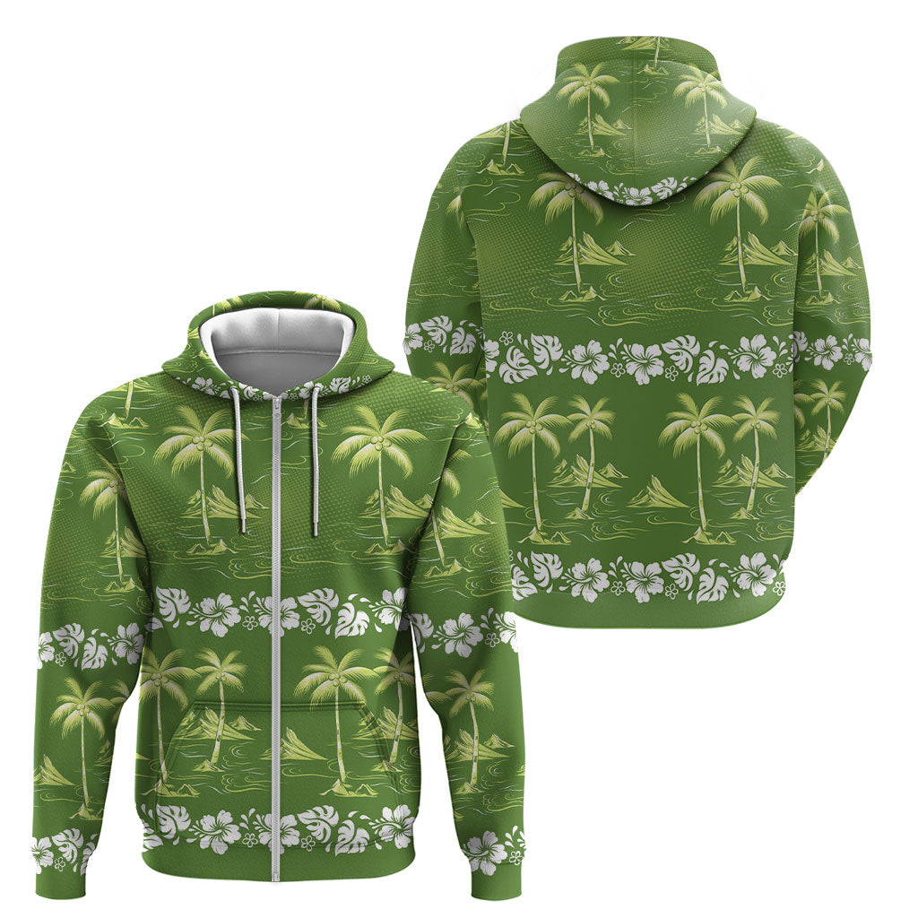 Olive Green Hawaii Palm Tree Hibiscus Zip Hoodie Fantasy Summer Vibe