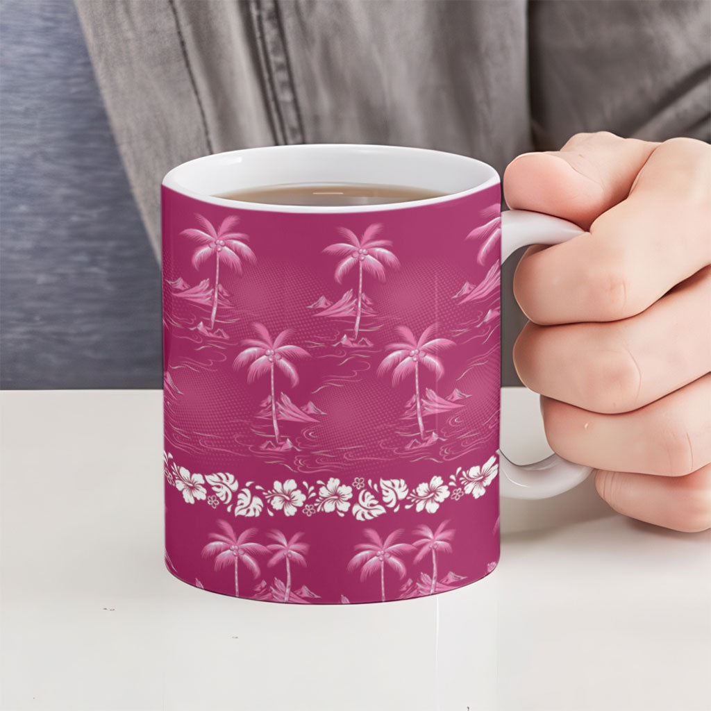 Pink Hawaii Palm Tree Hibiscus Ceramic Mug Fantasy Summer Vibe