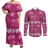 Pink Hawaii Palm Tree Hibiscus Couples Matching Off Shoulder Maxi Dress and Long Sleeve Button Shirt Fantasy Summer Vibe LT01 Pink - Polynesian Pride