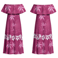 Pink Hawaii Palm Tree Hibiscus Couples Matching Off Shoulder Maxi Dress and Long Sleeve Button Shirt Fantasy Summer Vibe LT01 - Polynesian Pride