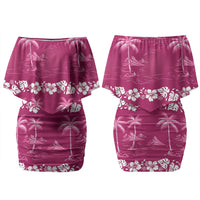 Pink Hawaii Palm Tree Hibiscus Couples Matching Off Shoulder Short Dress and Hawaiian Shirt Fantasy Summer Vibe LT01 - Polynesian Pride