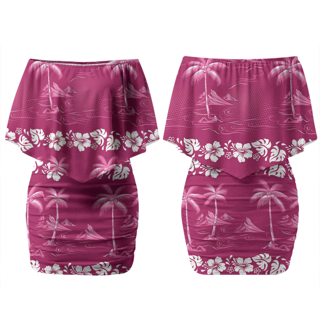 Pink Hawaii Palm Tree Hibiscus Couples Matching Off Shoulder Short Dress and Long Sleeve Button Shirt Fantasy Summer Vibe LT01 - Polynesian Pride