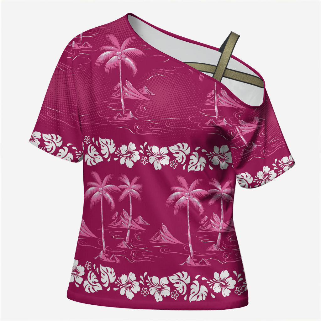 Pink Hawaii Palm Tree Hibiscus Cross Shoulder Shirt Fantasy Summer Vibe