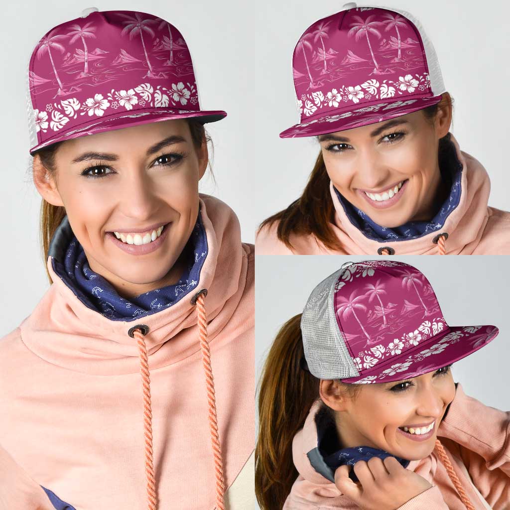 Pink Hawaii Palm Tree Hibiscus Mesh Trucker Cap Fantasy Summer Vibe
