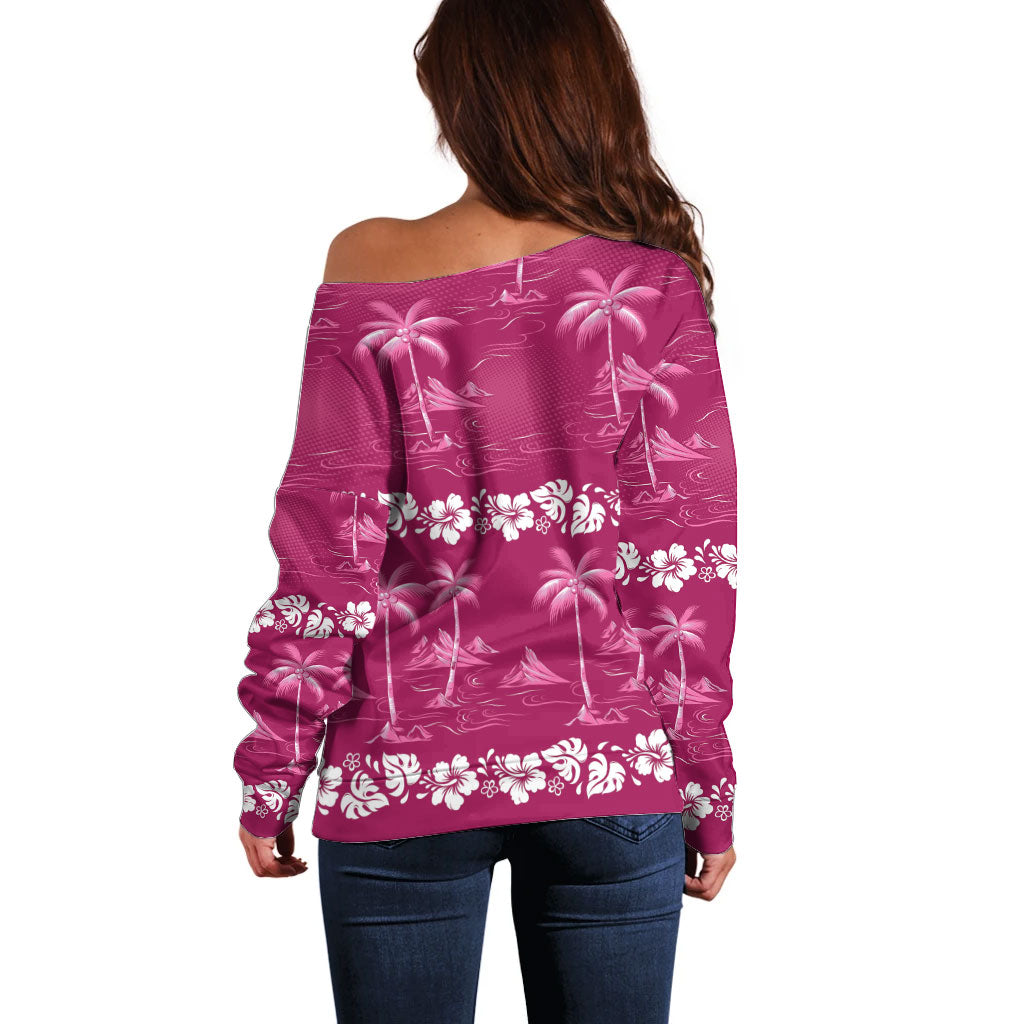Pink Hawaii Palm Tree Hibiscus Off Shoulder Sweater Fantasy Summer Vibe