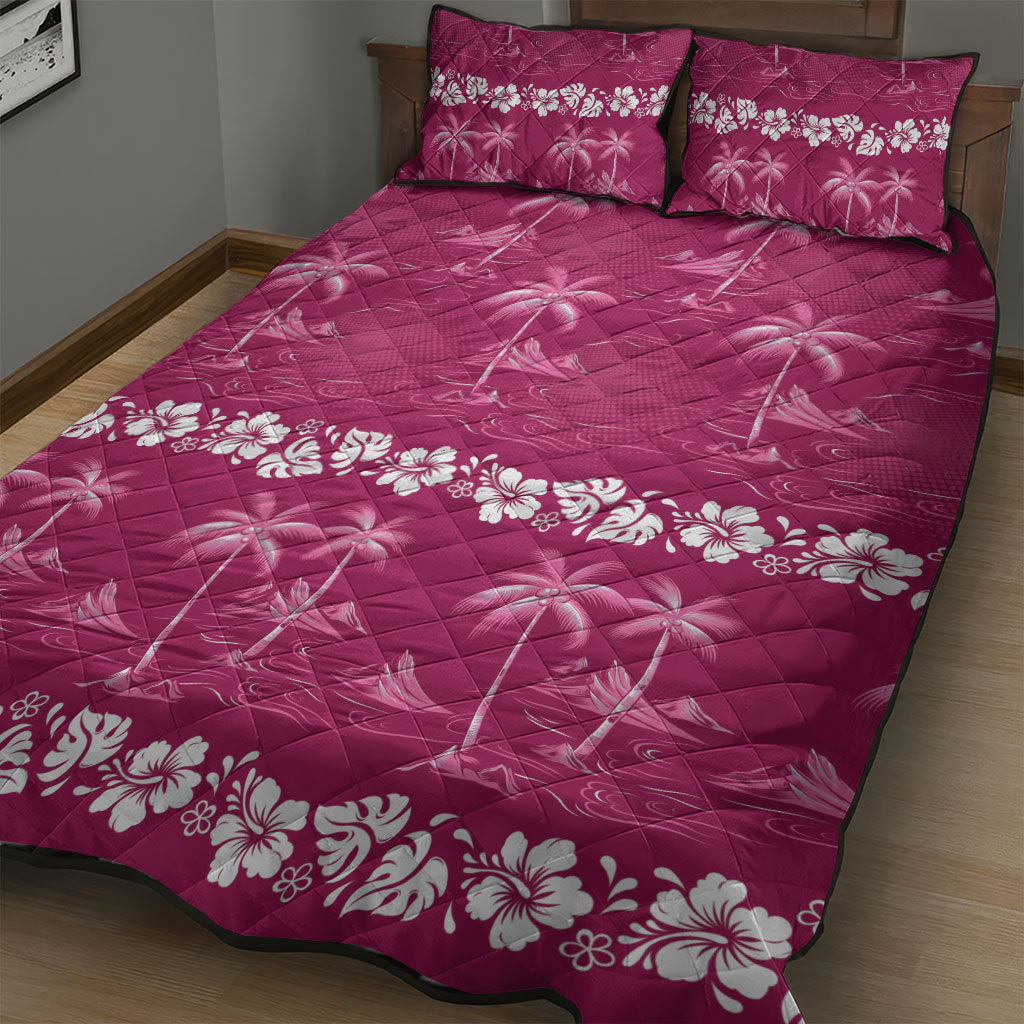 Pink Hawaii Palm Tree Hibiscus Quilt Bed Set Fantasy Summer Vibe