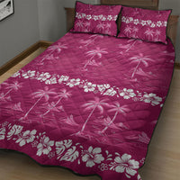Pink Hawaii Palm Tree Hibiscus Quilt Bed Set Fantasy Summer Vibe