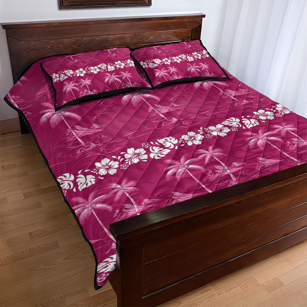 Pink Hawaii Palm Tree Hibiscus Quilt Bed Set Fantasy Summer Vibe
