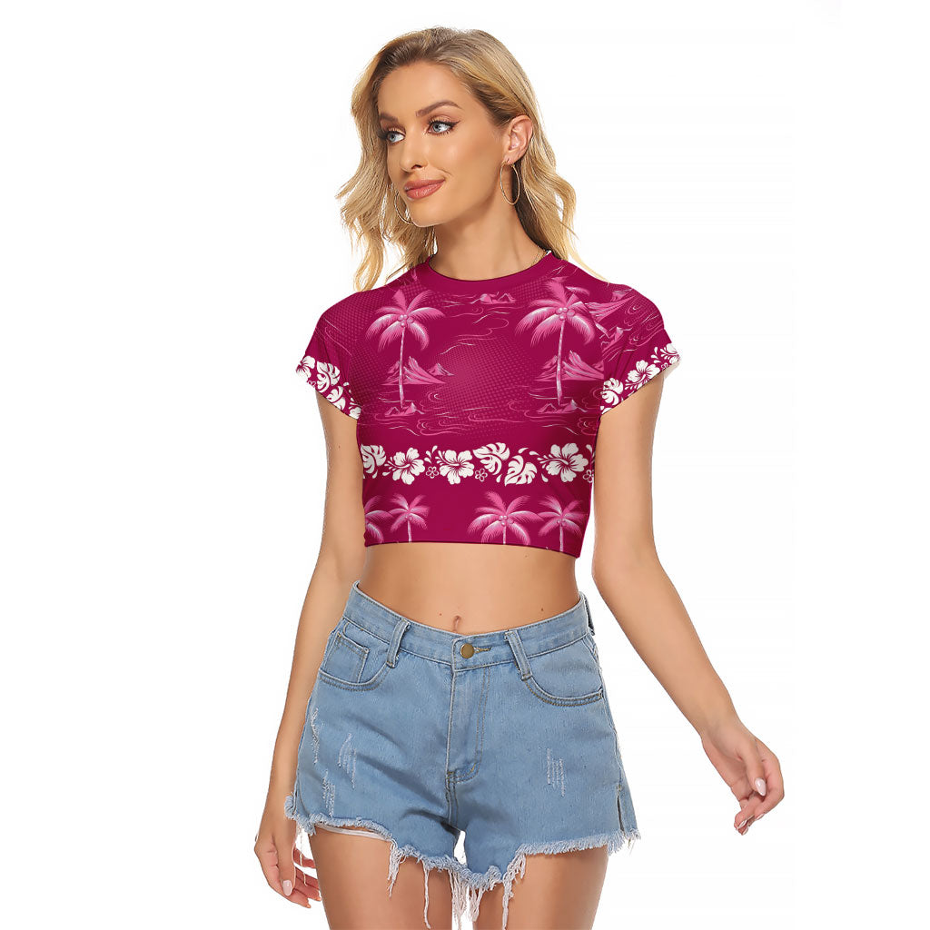 Pink Hawaii Palm Tree Hibiscus Raglan Cropped T Shirt Fantasy Summer Vibe