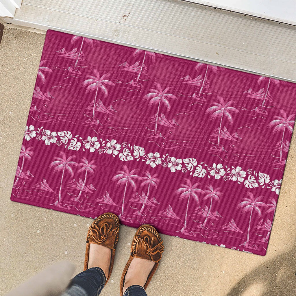 Pink Hawaii Palm Tree Hibiscus Rubber Doormat Fantasy Summer Vibe