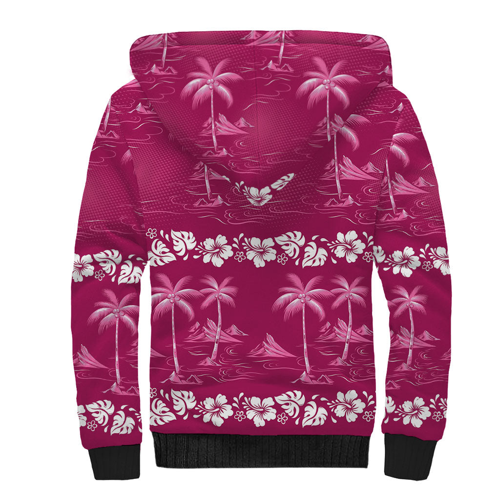 Pink Hawaii Palm Tree Hibiscus Sherpa Hoodie Fantasy Summer Vibe