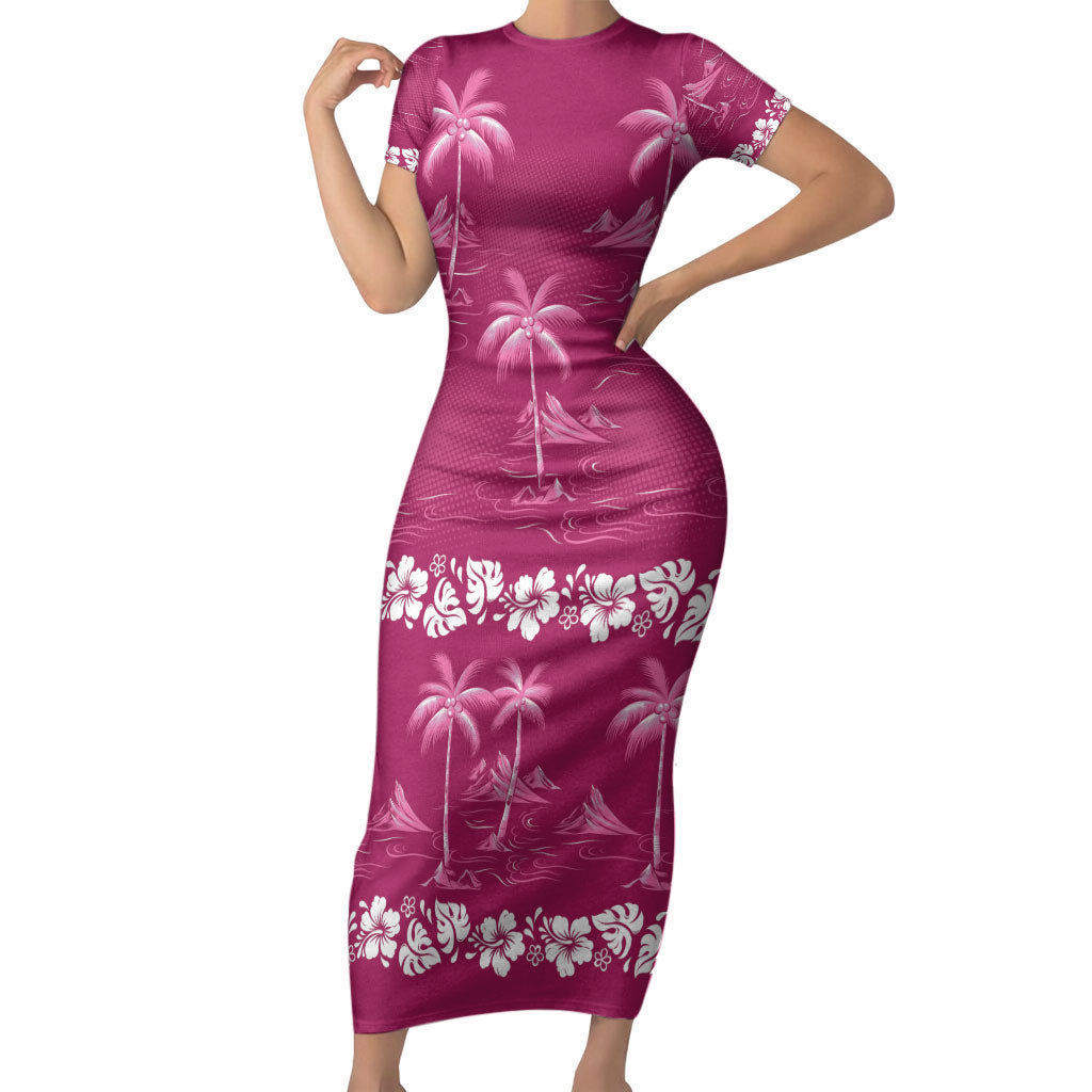Pink Hawaii Palm Tree Hibiscus Short Sleeve Bodycon Dress Fantasy Summer Vibe LT01 Long Dress Pink - Polynesian Pride