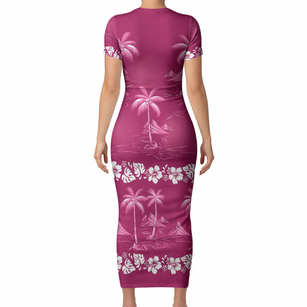 Pink Hawaii Palm Tree Hibiscus Short Sleeve Bodycon Dress Fantasy Summer Vibe LT01 - Polynesian Pride