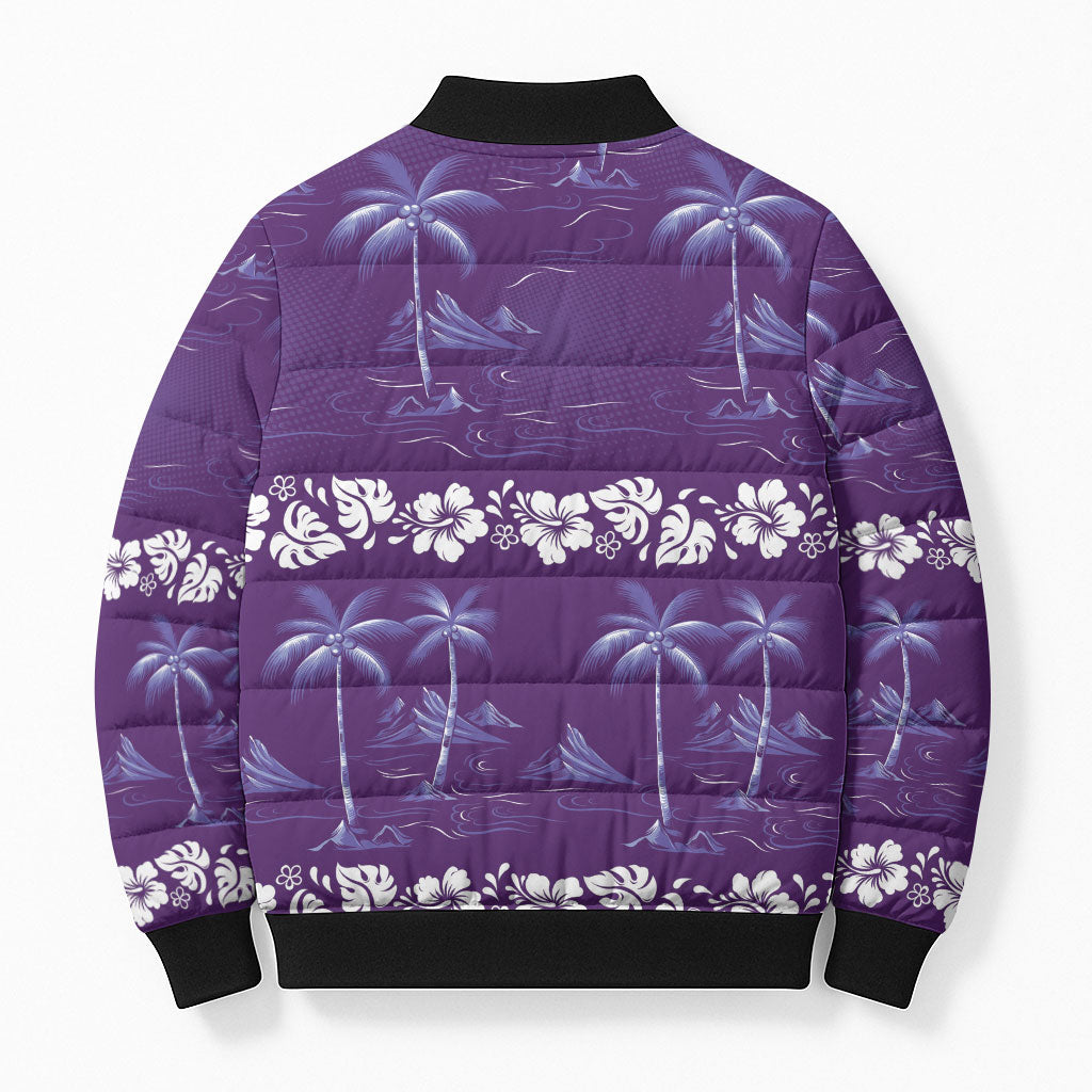 Purple Hawaii Palm Tree Hibiscus Bomber Puffer Jacket Fantasy Summer Vibe