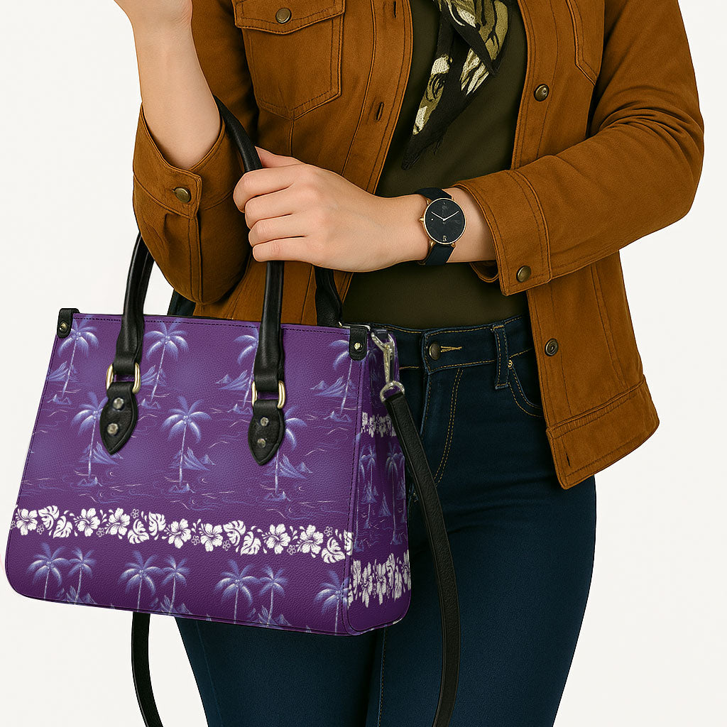 Purple Hawaii Palm Tree Hibiscus Leather Bag Fantasy Summer Vibe