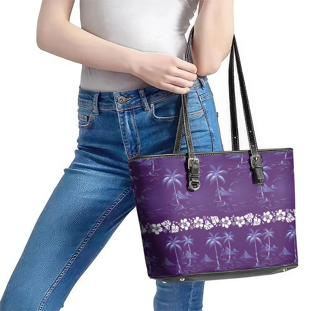 Purple Hawaii Palm Tree Hibiscus Leather Tote Bag Fantasy Summer Vibe