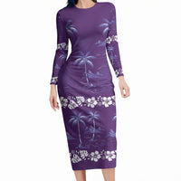 Purple Hawaii Palm Tree Hibiscus Long Sleeve Bodycon Dress Fantasy Summer Vibe LT01 Long Dress Purple - Polynesian Pride