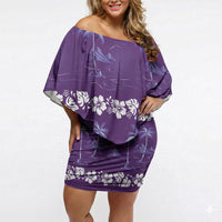 Purple Hawaii Palm Tree Hibiscus Off Shoulder Short Dress Fantasy Summer Vibe