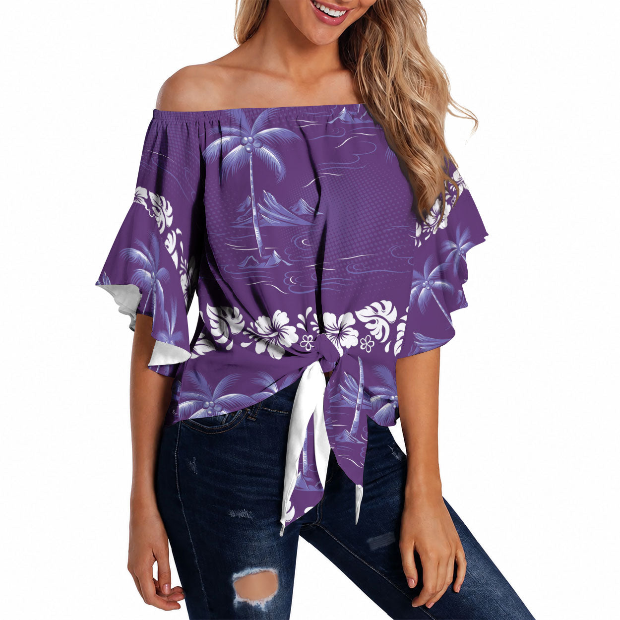 Purple Hawaii Palm Tree Hibiscus Off Shoulder Wrap Waist Top Fantasy Summer Vibe LT01 Purple - Polynesian Pride