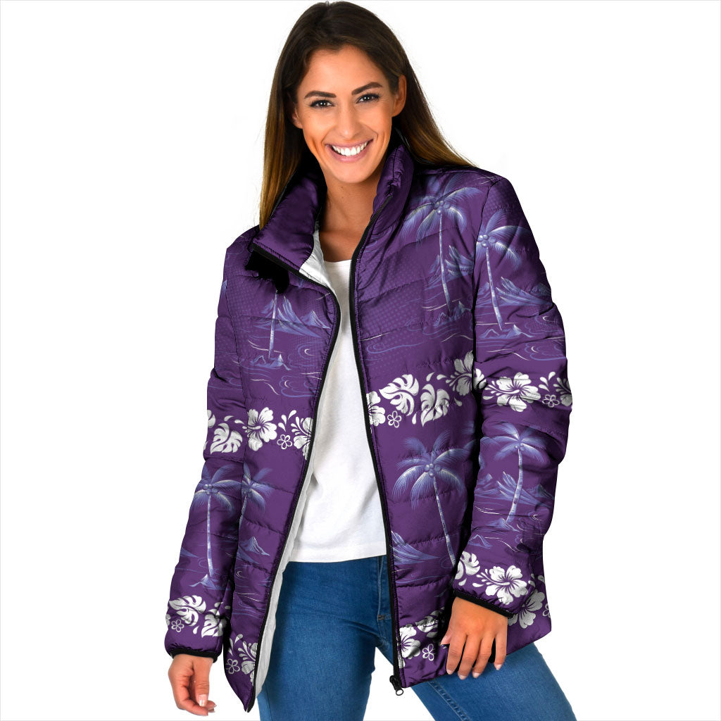Purple Hawaii Palm Tree Hibiscus Padded Jacket Fantasy Summer Vibe