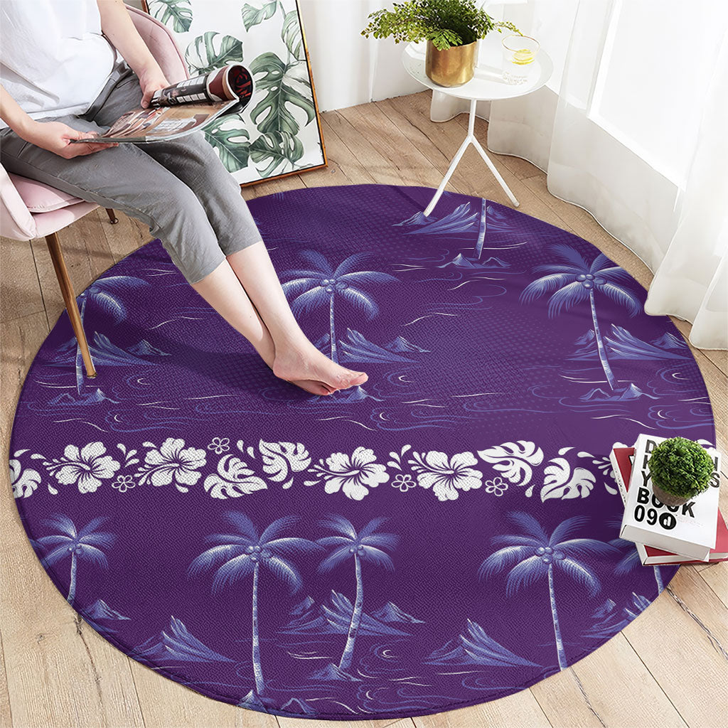 Purple Hawaii Palm Tree Hibiscus Round Carpet Fantasy Summer Vibe