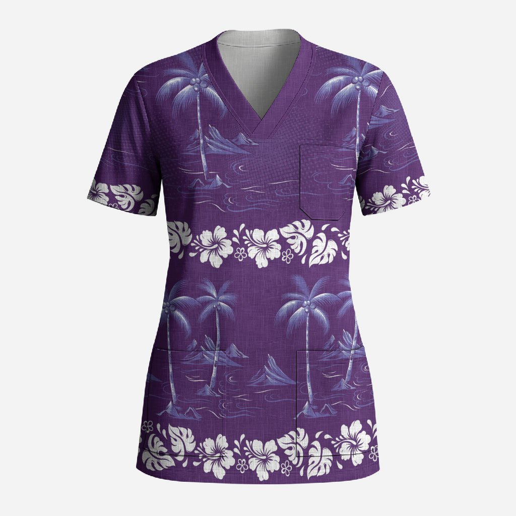Purple Hawaii Palm Tree Hibiscus Scrub Top Fantasy Summer Vibe