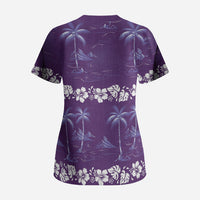 Purple Hawaii Palm Tree Hibiscus Scrub Top Fantasy Summer Vibe