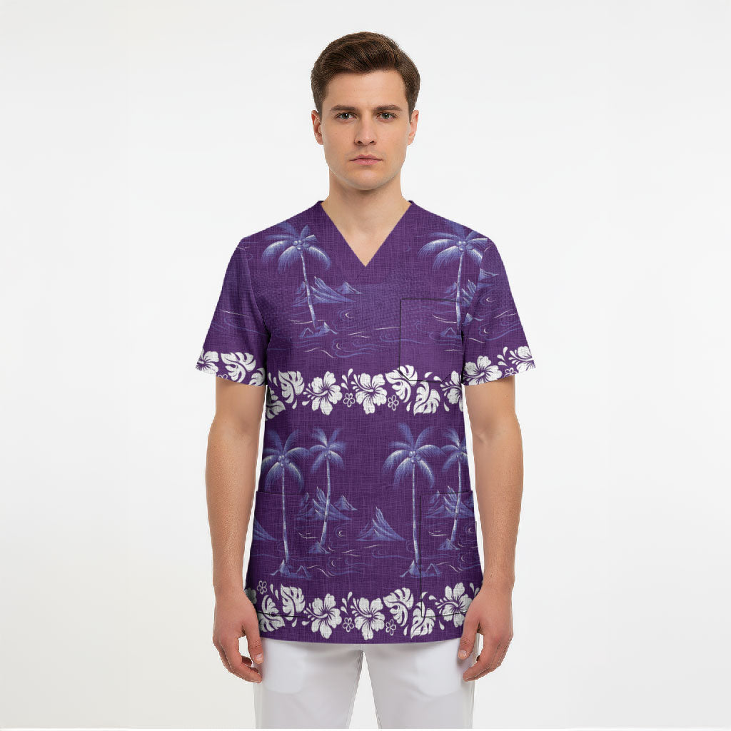 Purple Hawaii Palm Tree Hibiscus Scrub Top Fantasy Summer Vibe