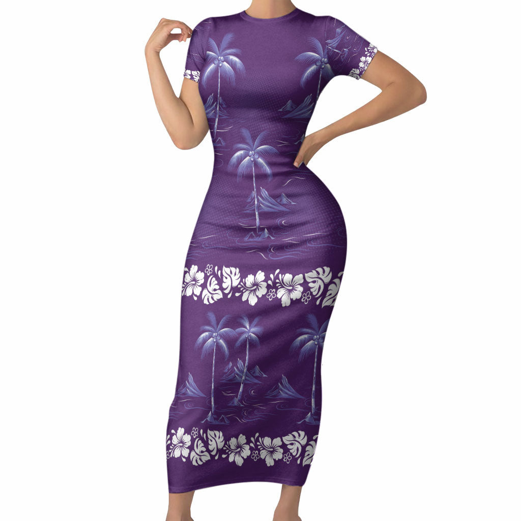 Purple Hawaii Palm Tree Hibiscus Short Sleeve Bodycon Dress Fantasy Summer Vibe LT01 Long Dress Purple - Polynesian Pride