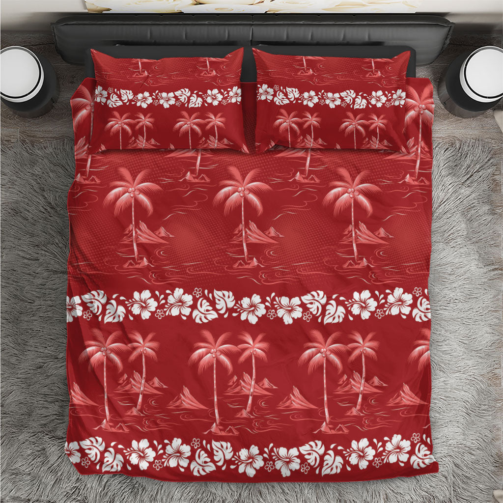 Red Hawaii Palm Tree Hibiscus Bedding Set Fantasy Summer Vibe