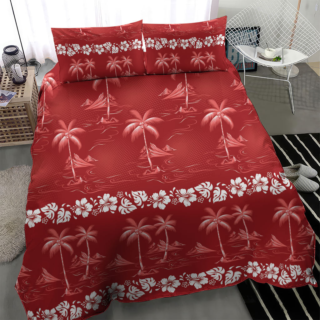 Red Hawaii Palm Tree Hibiscus Bedding Set Fantasy Summer Vibe