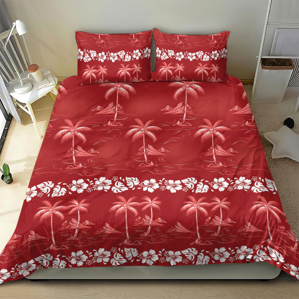 Red Hawaii Palm Tree Hibiscus Bedding Set Fantasy Summer Vibe
