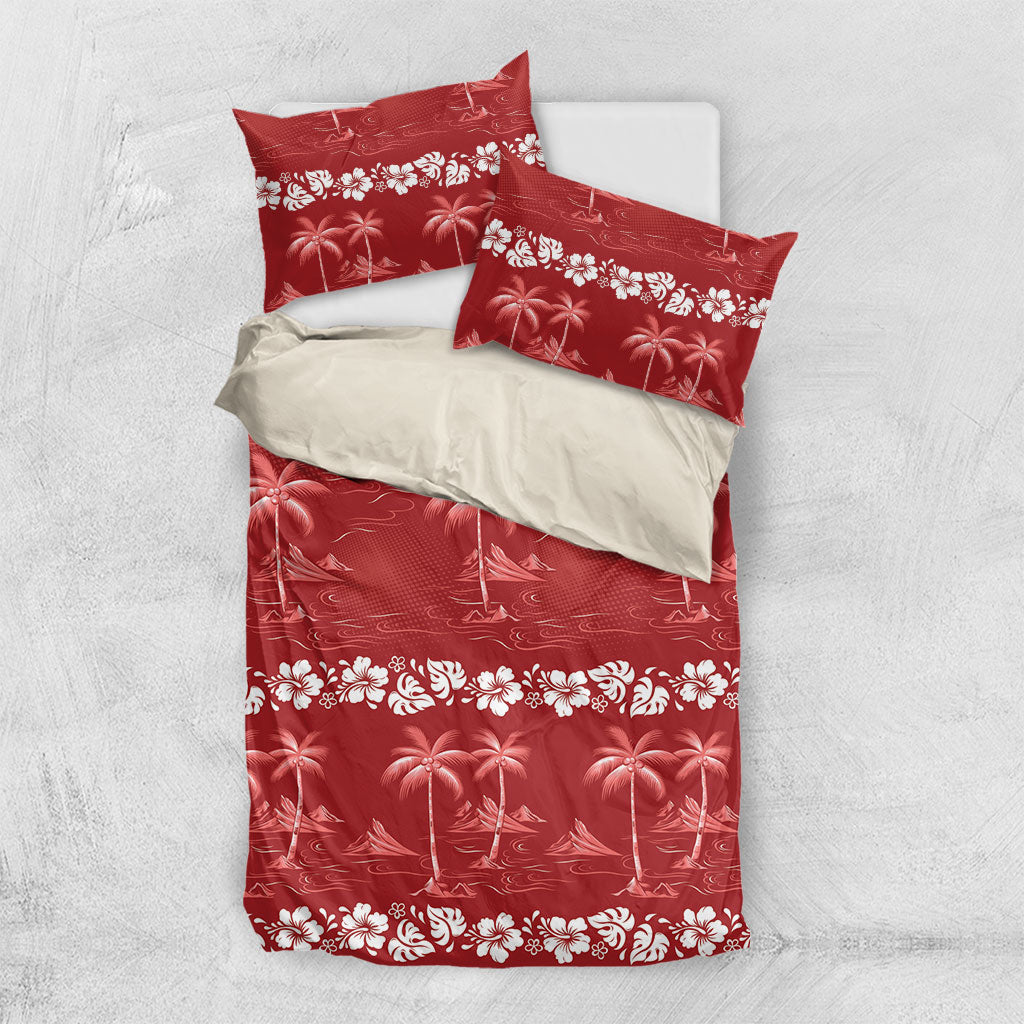 Red Hawaii Palm Tree Hibiscus Bedding Set Fantasy Summer Vibe