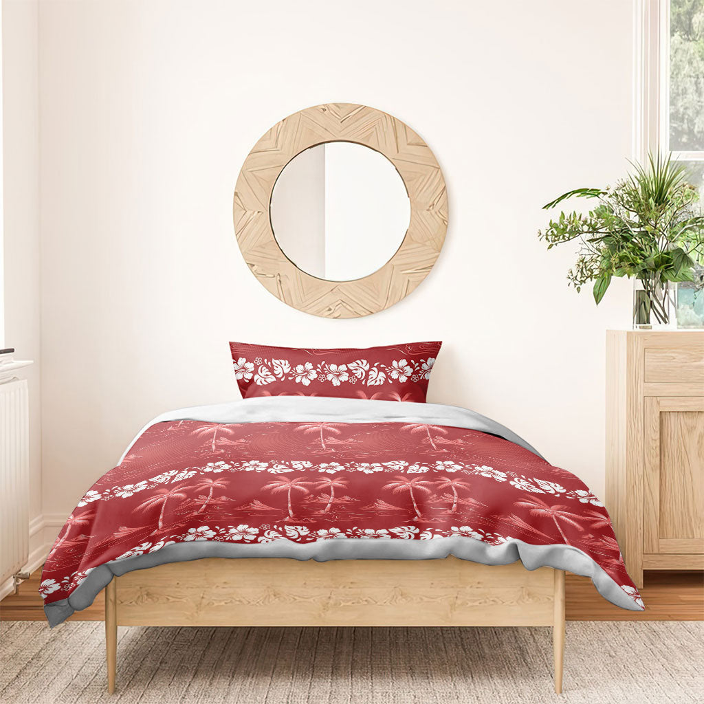 Red Hawaii Palm Tree Hibiscus Bedding Set Fantasy Summer Vibe