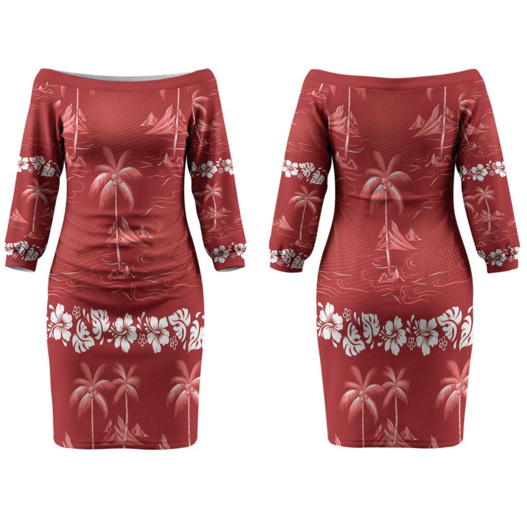 Red Hawaii Palm Tree Hibiscus Couples Matching Off The Shoulder Long Sleeve Dress and Hawaiian Shirt Fantasy Summer Vibe LT01 - Polynesian Pride