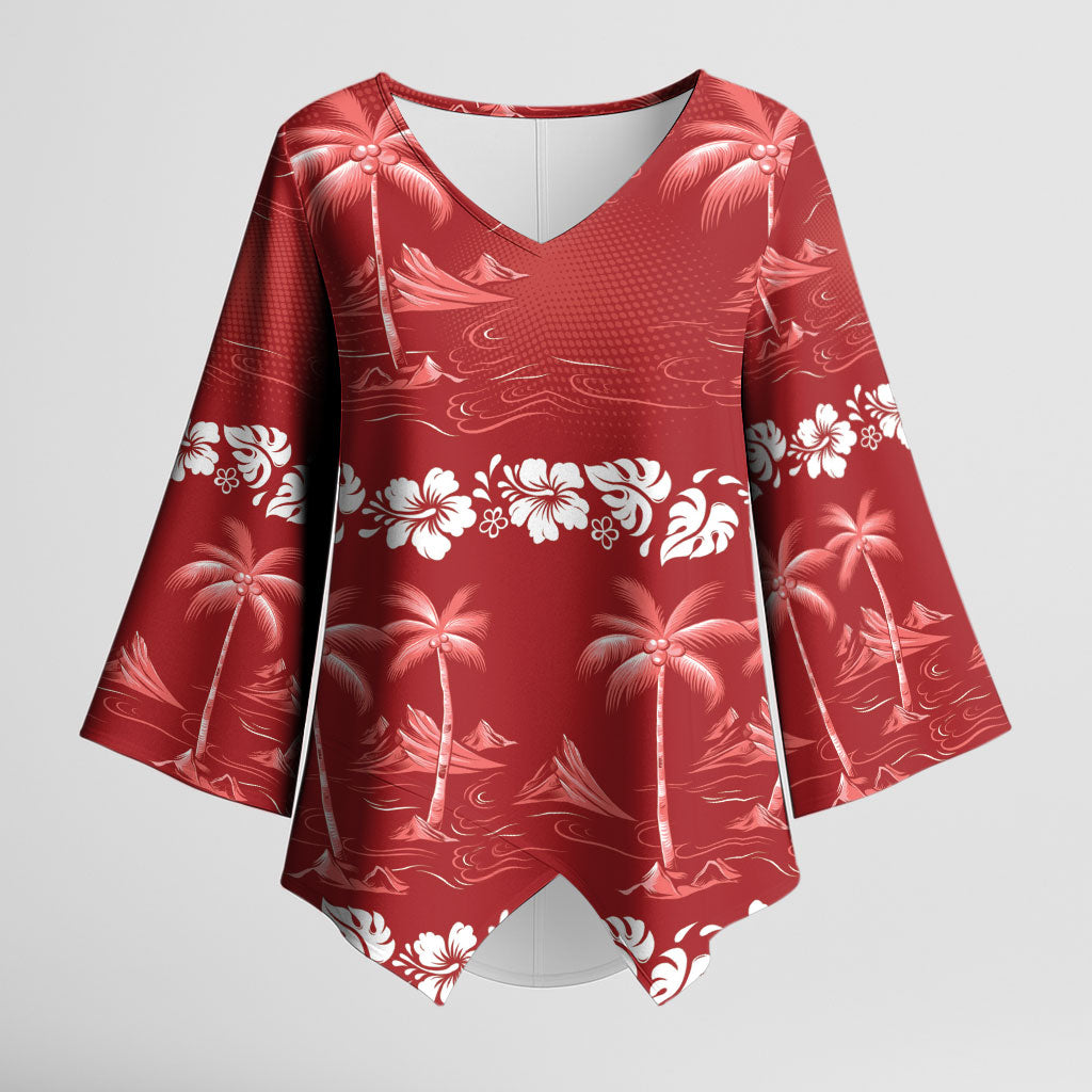 Red Hawaii Palm Tree Hibiscus Kimono Sleeve Blouse Fantasy Summer Vibe
