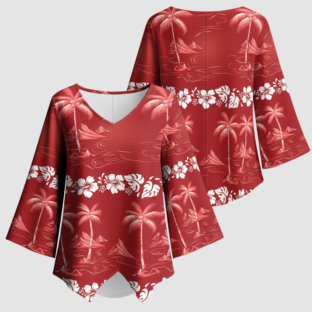 Red Hawaii Palm Tree Hibiscus Kimono Sleeve Blouse Fantasy Summer Vibe