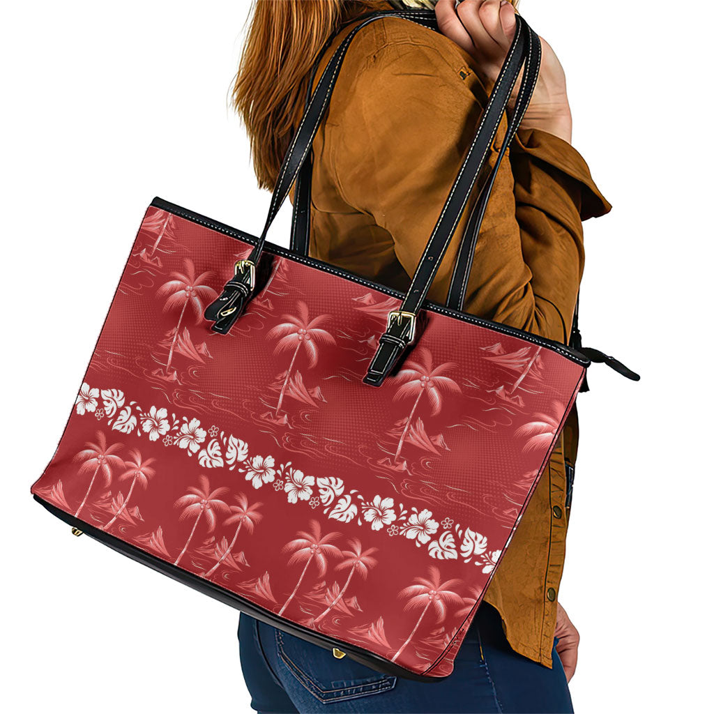 Red Hawaii Palm Tree Hibiscus Leather Tote Bag Fantasy Summer Vibe
