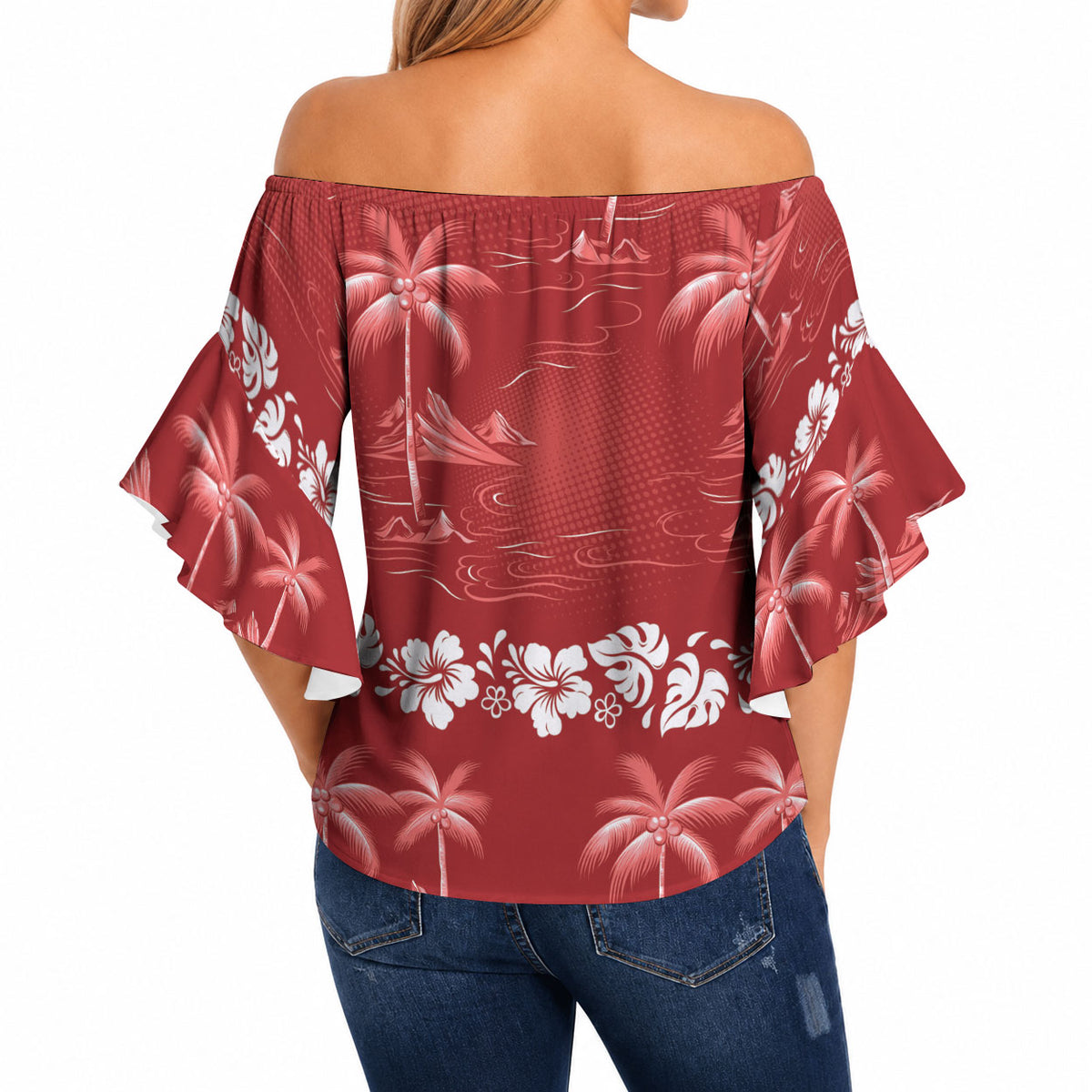 Red Hawaii Palm Tree Hibiscus Off Shoulder Wrap Waist Top Fantasy Summer Vibe