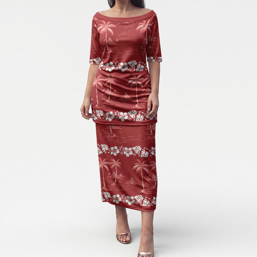 Red Hawaii Palm Tree Hibiscus Puletasi Fantasy Summer Vibe
