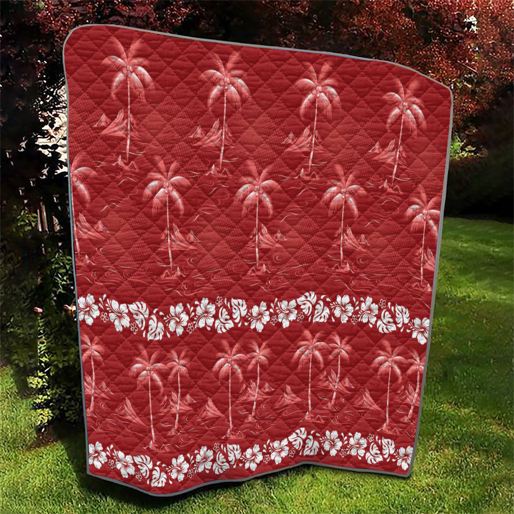 Red Hawaii Palm Tree Hibiscus Quilt Fantasy Summer Vibe