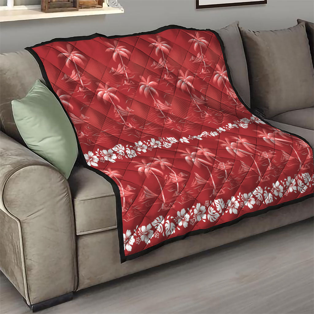 Red Hawaii Palm Tree Hibiscus Quilt Fantasy Summer Vibe