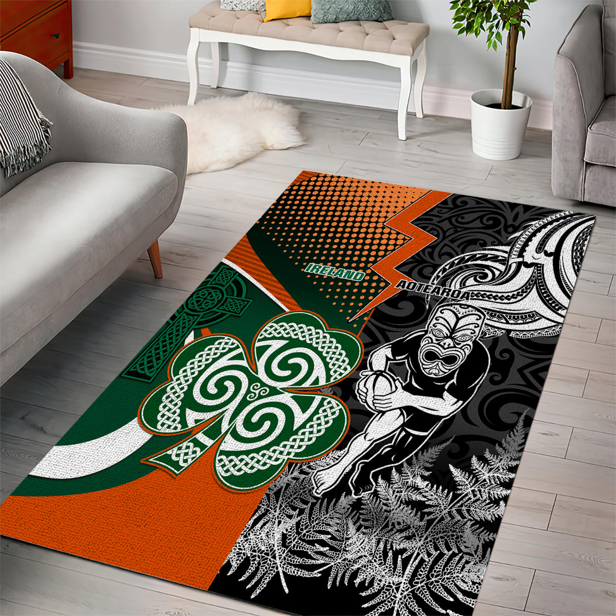New Zealand and Ireland Rugby Area Rug Silver Fern With Shamrock 2023 World Cup LT01 - Polynesian Pride