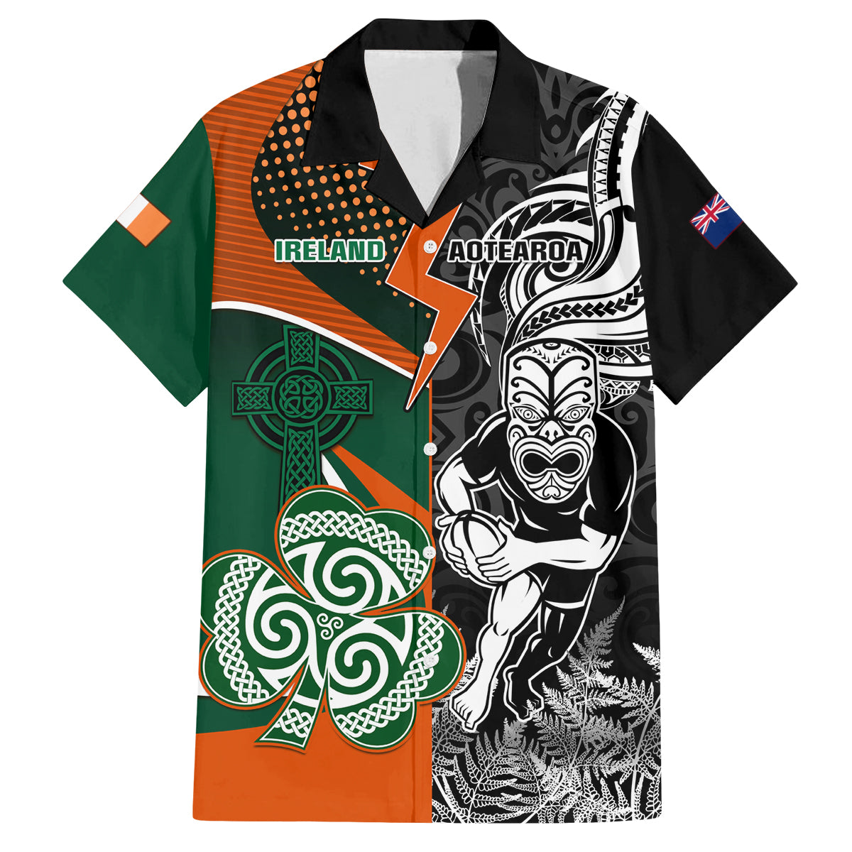 New Zealand and Ireland Rugby Family Matching Off Shoulder Long Sleeve Dress and Hawaiian Shirt Silver Fern With Shamrock 2023 World Cup LT01 Dad's Shirt - Short Sleeve Art - Polynesian Pride