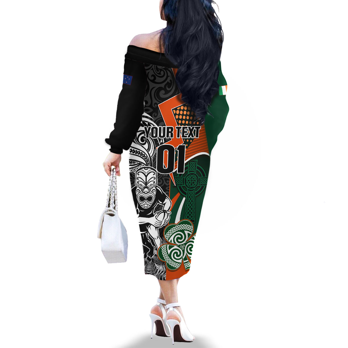 New Zealand and Ireland Rugby Family Matching Off Shoulder Long Sleeve Dress and Hawaiian Shirt Silver Fern With Shamrock 2023 World Cup LT01 - Polynesian Pride