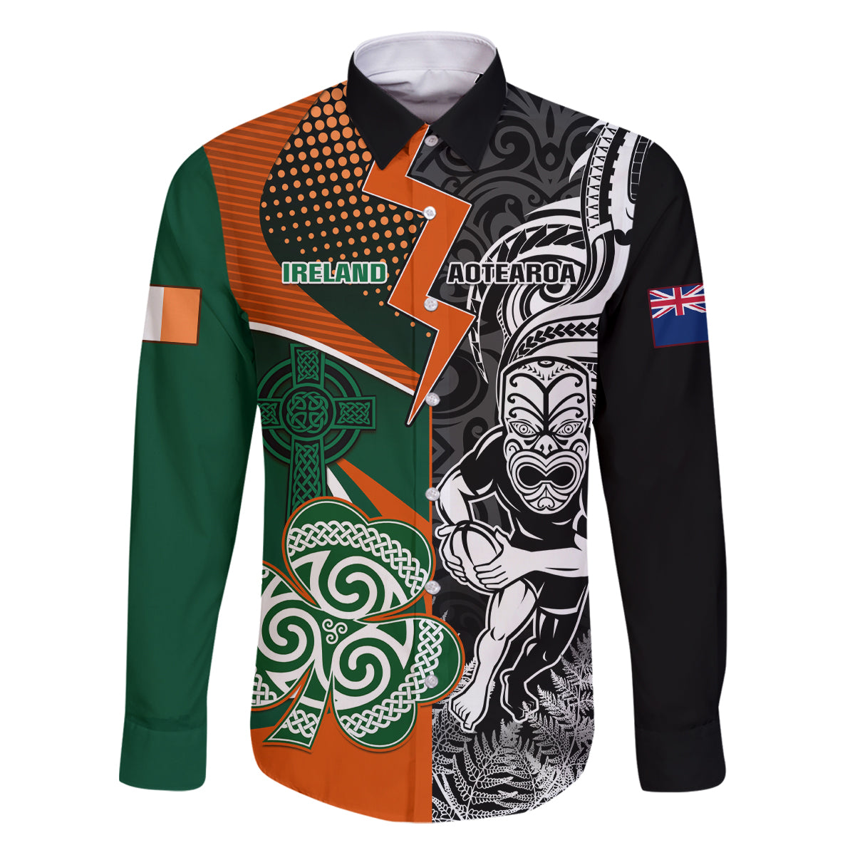 New Zealand and Ireland Rugby Family Matching Puletasi Dress and Hawaiian Shirt Silver Fern With Shamrock 2023 World Cup LT01 Dad's Shirt - Long Sleeve Art - Polynesian Pride